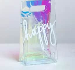 Подарочные пакеты Пакет из голографического пластика «Happy», 13х23х6 см 4439394 - изображение 2