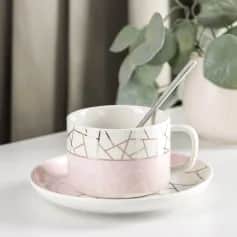 Кружки Чайная пара с ложкой Штрихи чашка 240 мл, блюдце 15,5 см, розов. 6974690 - изображение 1