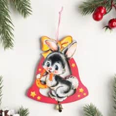 Украшения НГ Подвеска Зайка с подковой 8,4х9,2 см, с колокольчиком, дерево, ламинация 9234978 - изображение 2