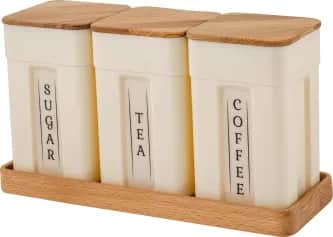 Банки для сыпучих продуктов Набор банок для сыпучих продуктов Sugar с деревянной крышкой на подставке 0,75л х 3 шт. (арт. SE106812996) - изображение 1