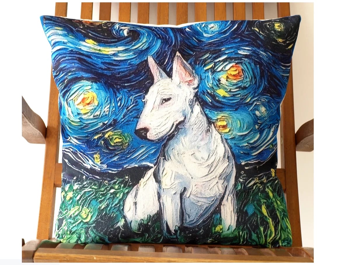 ПОДУШКА ДЕКОРАТИВНАЯ "СОБАКИ ВАН ГОГ, БУЛЬТЕРЬЕР" ТКАНЬ: ВЕЛЮР/ПОПЛИН, РАЗМЕР 40*40, МОЛНИЯ, ВНУТРЕННИЙ ЧЕХОЛ СОСТАВ: 1 СТОРОНА ПОЛИЭСТЕР 80%, ХЛОПОК 20%, 2 СТОРОНА ХЛОПОК 100%, АРТ.0251, норма - фото 1