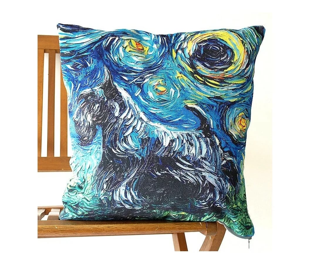 ПОДУШКА ДЕКОРАТИВНАЯ "СОБАКИ ВАН ГОГ, СКОТЧ-ТЕРЬЕР" ТКАНЬ: ВЕЛЮР/ПОПЛИН, РАЗМЕР 40*40, МОЛНИЯ, ВНУТРЕННИЙ ЧЕХОЛ СОСТАВ: 1 СТОРОНА ПОЛИЭСТЕР 80%, ХЛОПОК 20%, 2 СТОРОНА ХЛОПОК 100%, АРТ.0253, норма - фото 1