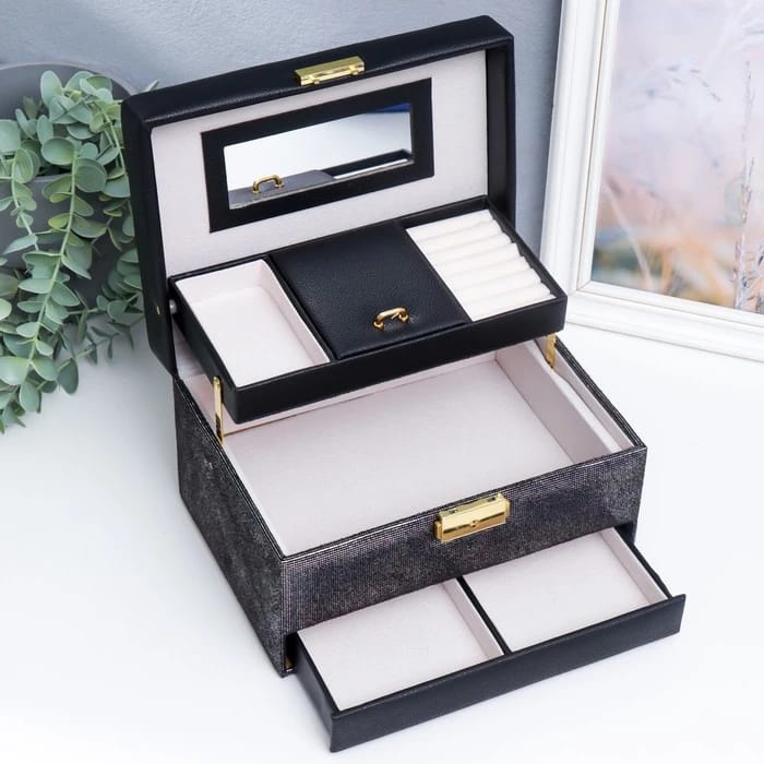 Шкатулка для украшений сундук "Мелкие квадратики. Чёрное серебро" 13х16,5х23 см, кожзам 7294831, норма - фото 2