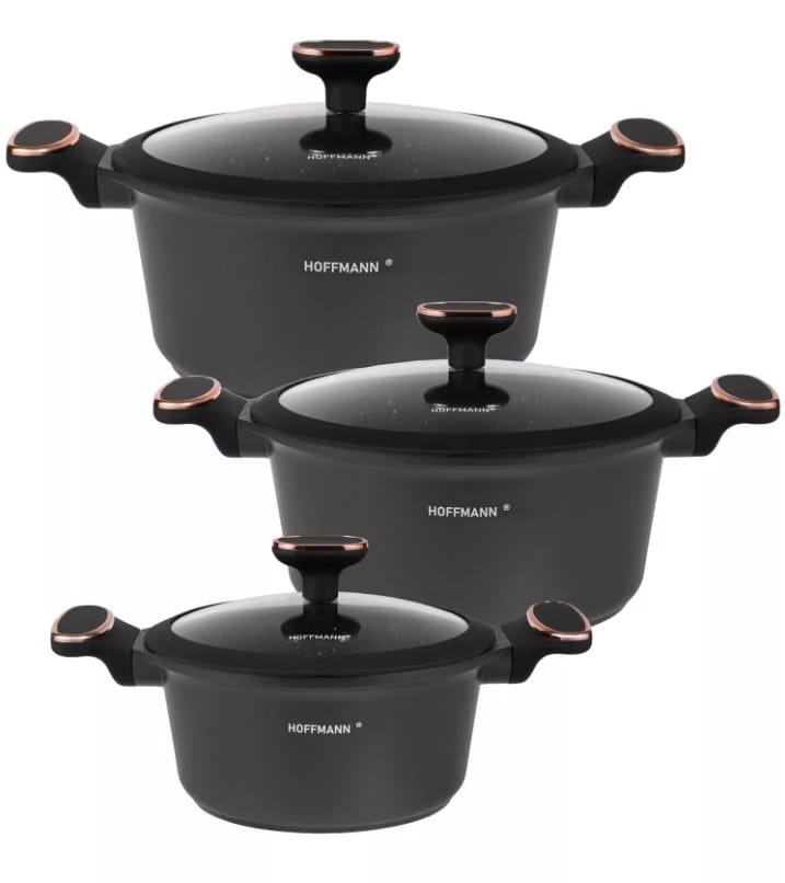 Набор кастрюль 6 предм. (2,5 л/20 см, 4,2 л/24 см, 6,3 л/28 см), черн., индукция (арт.НМ 9455), норма - фото 1