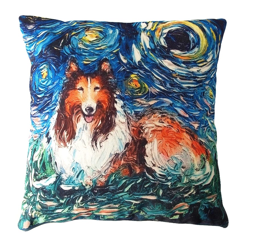 ПОДУШКА ДЕКОРАТИВНАЯ "СОБАКИ ВАН ГОГ, КОЛЛИ" ТКАНЬ: ВЕЛЮР/ПОПЛИН, РАЗМЕР 40*40, МОЛНИЯ, ВНУТРЕННИЙ ЧЕХОЛ СОСТАВ: 1 СТОРОНА ПОЛИЭСТЕР 80%, ХЛОПОК 20%, 2 СТОРОНА ХЛОПОК 100%, АРТ.0222, норма - фото 1