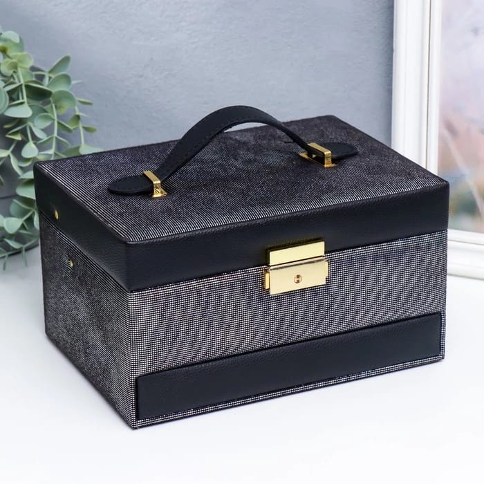 Шкатулка для украшений сундук "Мелкие квадратики. Чёрное серебро" 13х16,5х23 см, кожзам 7294831, норма - фото 1