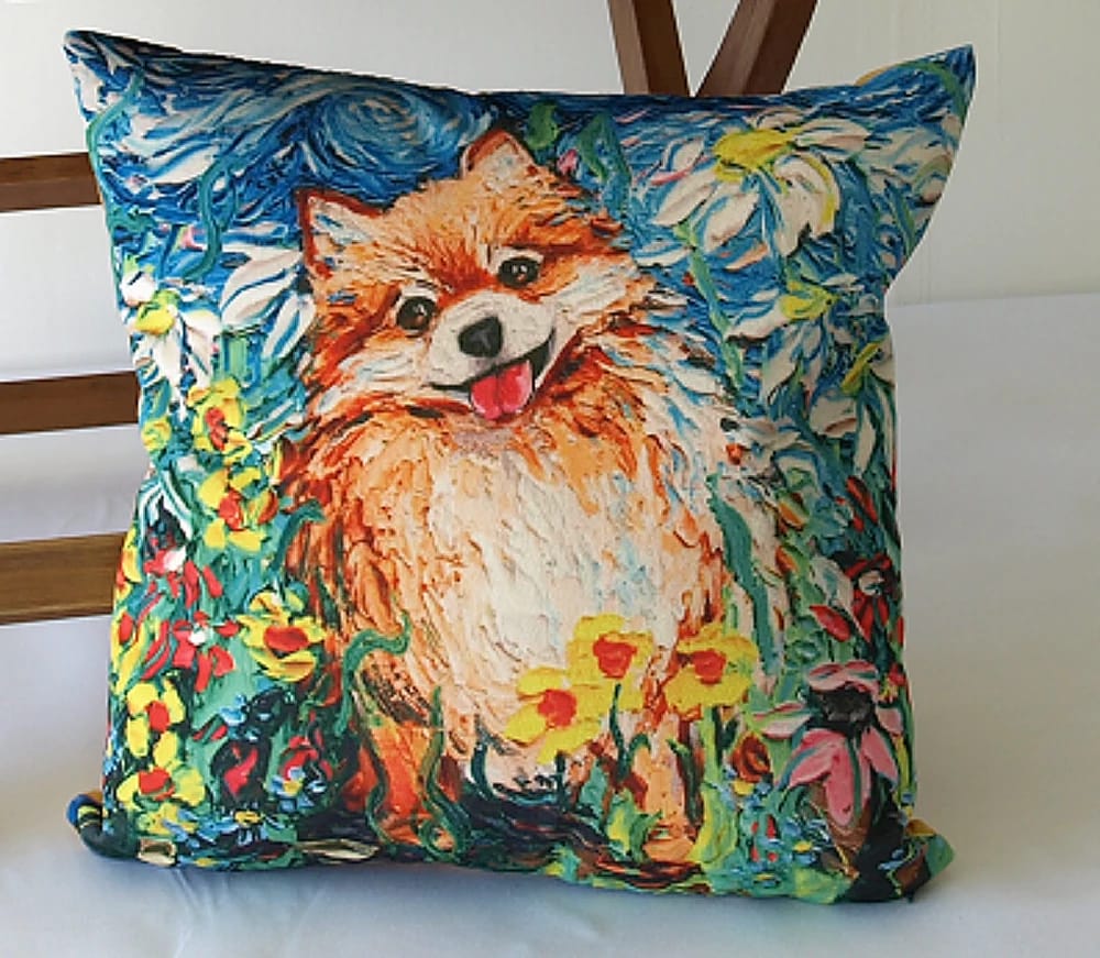 ПОДУШКА ДЕКОРАТИВНАЯ "СОБАКИ ВАН ГОГ, ШПИЦ СИДИТ" ТКАНЬ: ВЕЛЮР/ПОПЛИН, РАЗМЕР 40*40, МОЛНИЯ, ВНУТРЕННИЙ ЧЕХОЛ СОСТАВ: 1 СТОРОНА ПОЛИЭСТЕР 80%, ХЛОПОК 20%, 2 СТОРОНА ХЛОПОК 100%,  АРТ. 0226, норма - фото 1