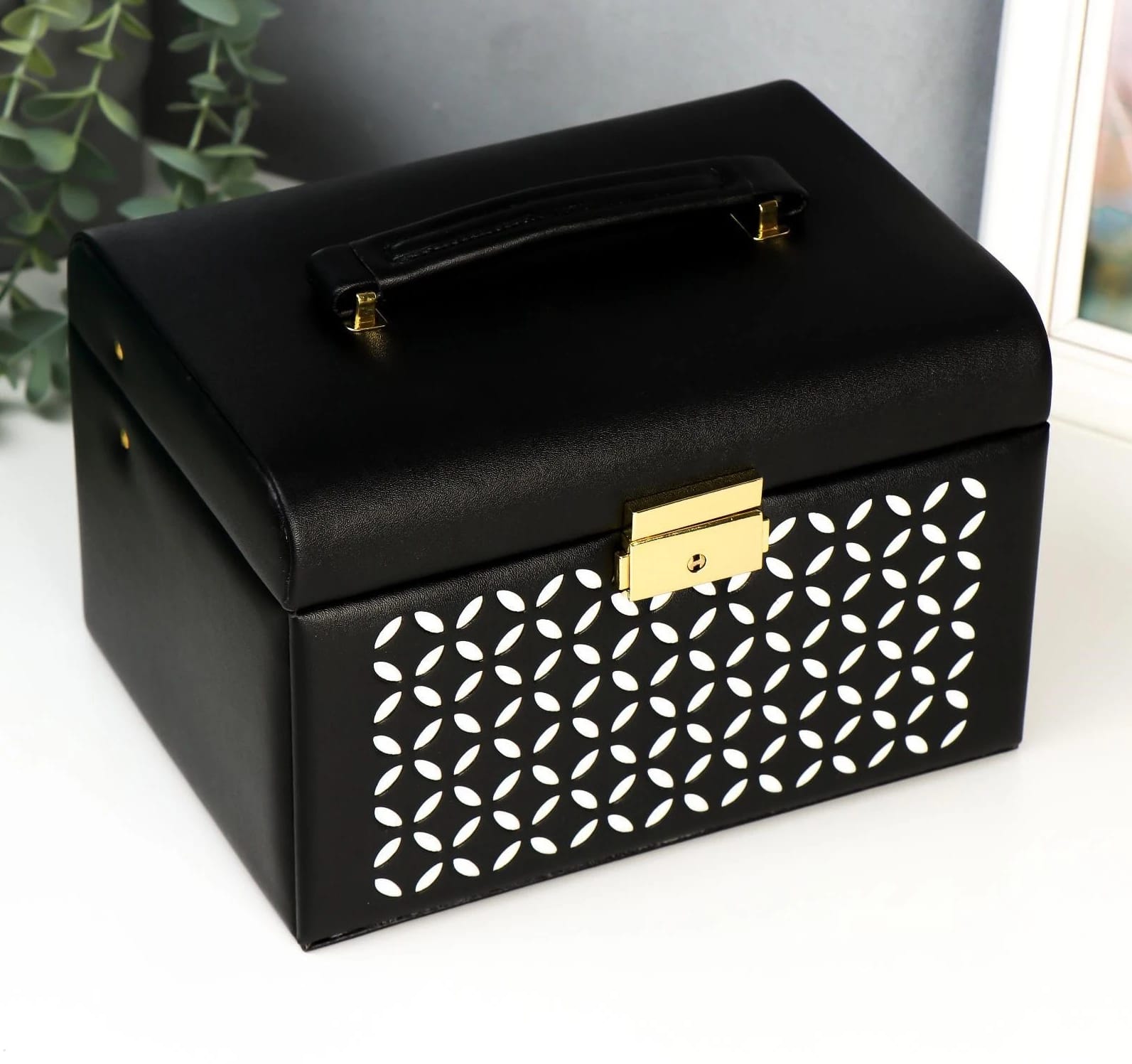 Шкатулка для украшений "Крестики" сундучок чёрная 14,5х22х16,5 см, кожзам  5191007, норма - фото 1