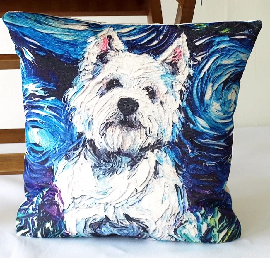 ПОДУШКА ДЕКОРАТИВНАЯ "СОБАКИ ВАН ГОГ, ТЕРЬЕР" ТКАНЬ: ВЕЛЮР/ПОПЛИН, РАЗМЕР 40*40, МОЛНИЯ, ВНУТРЕННИЙ ЧЕХОЛ СОСТАВ: 1 СТОРОНА ПОЛИЭСТЕР 80%, ХЛОПОК 20%, 2 СТОРОНА ХЛОПОК 100%, АРТ.0258, норма - фото 1