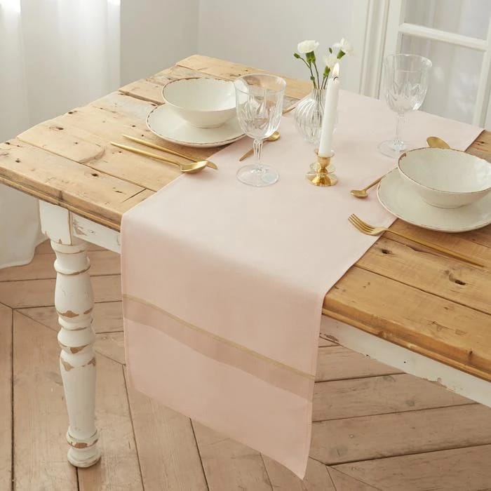 ДОРОЖКА НА СТОЛ "ЭТЕЛЬ" 130Х35  ПУДРОВЫЙ С ЗОЛОТОЙ НИТЬЮ, 100% ХЛОПОК, 163 Г/М2 6582135, норма - фото 1