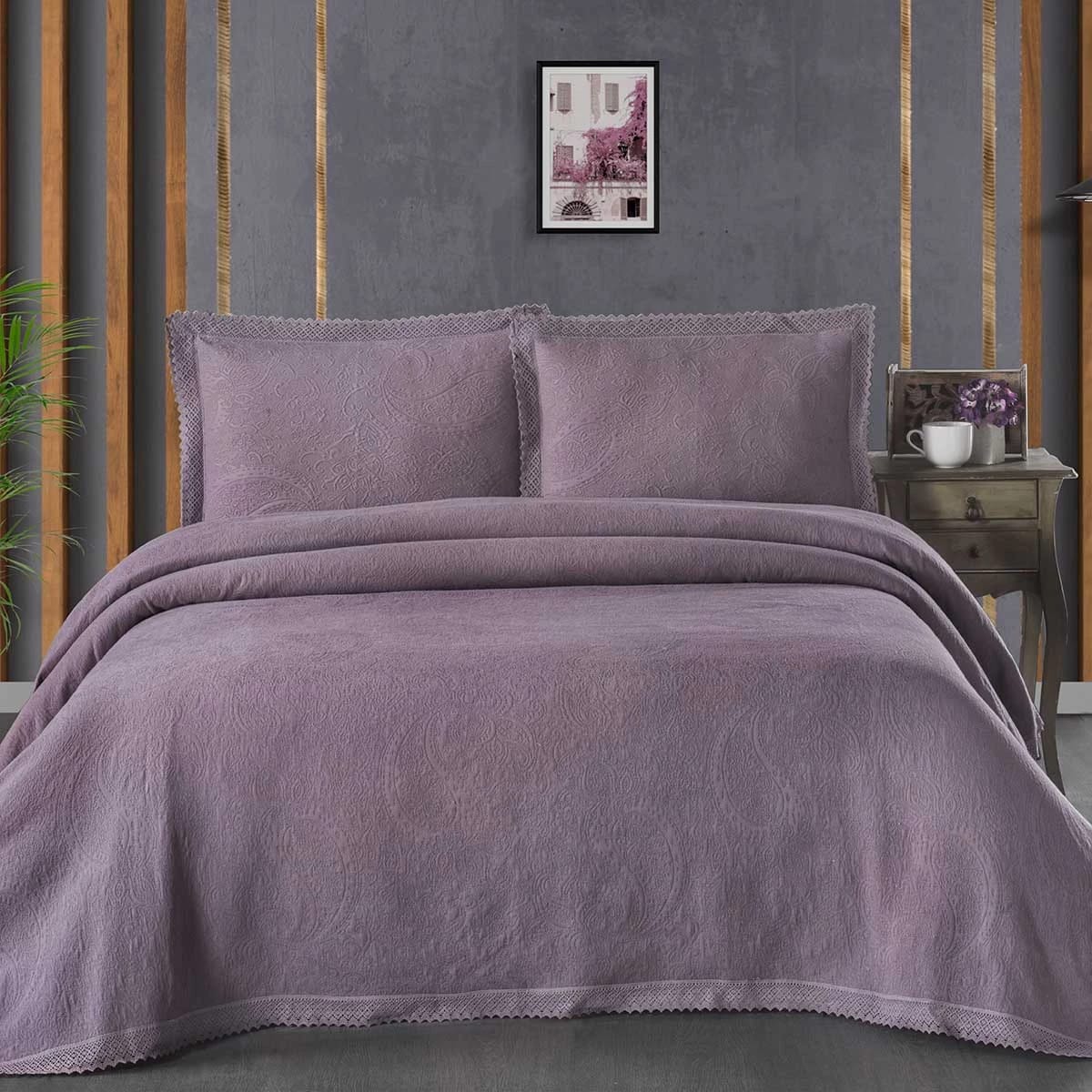 Покрывало Arya Жаккард с Кружевом 240X260 Paisley (Сливовый), норма - фото 1