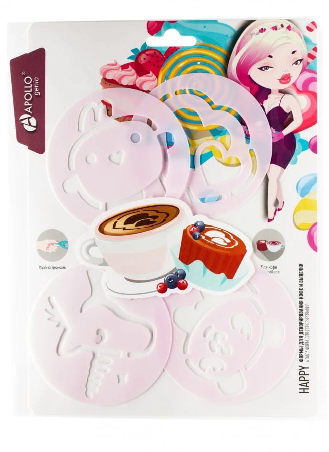 Набор форм для декорирования кофе и выпечки APOLLO Genio "Happy" 4 пр., норма - фото 2
