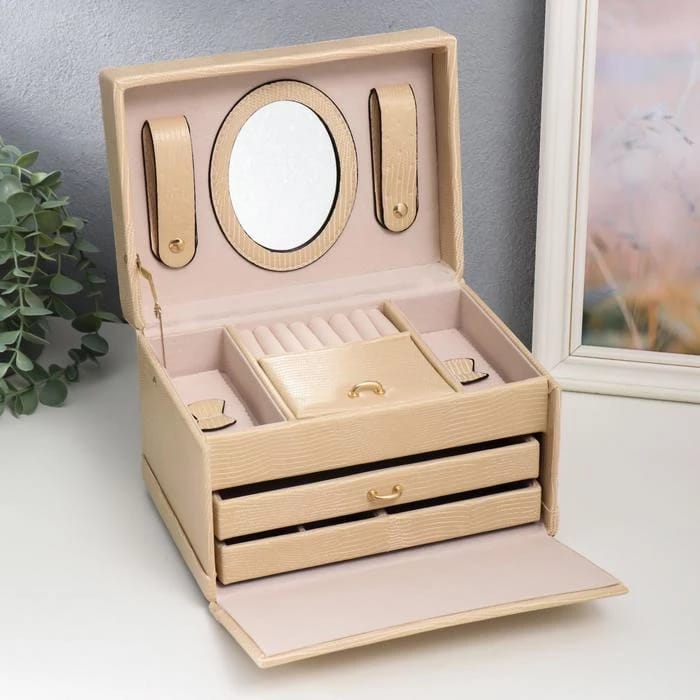 Шкатулка для украшений сундучок "Рептилия беж" с пряжкой 16х22х14 см, кожзам.  7048893, норма - фото 2