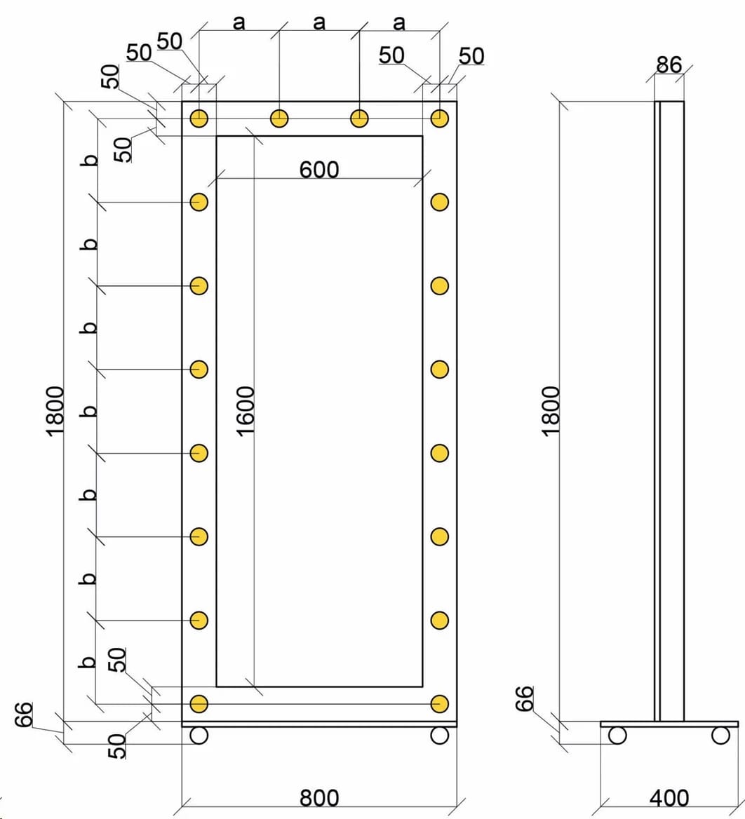 ЗЕРКАЛО С ЛАМПОЧКАМИ БОЛЬШОЕ, С ПОЛКОЙ, НА КОЛЕСИКАХ (800*1800 ММ) (белый шагрень) - фото 9