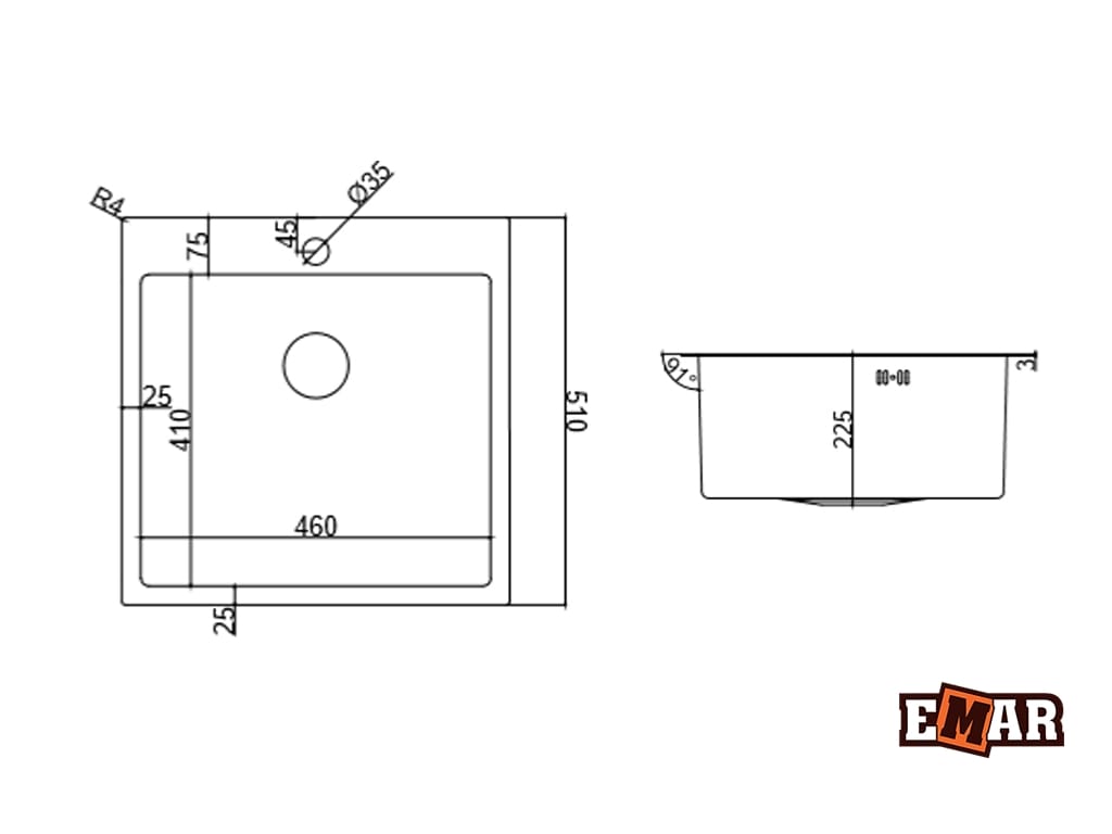 EMAR EMB-116, МОЙКА ВРЕЗНАЯ 510*510ММ (УНИВЕРСАЛЬНОГО МОНТАЖА) (Медь (PVD Nano Coppery)) - фото 2